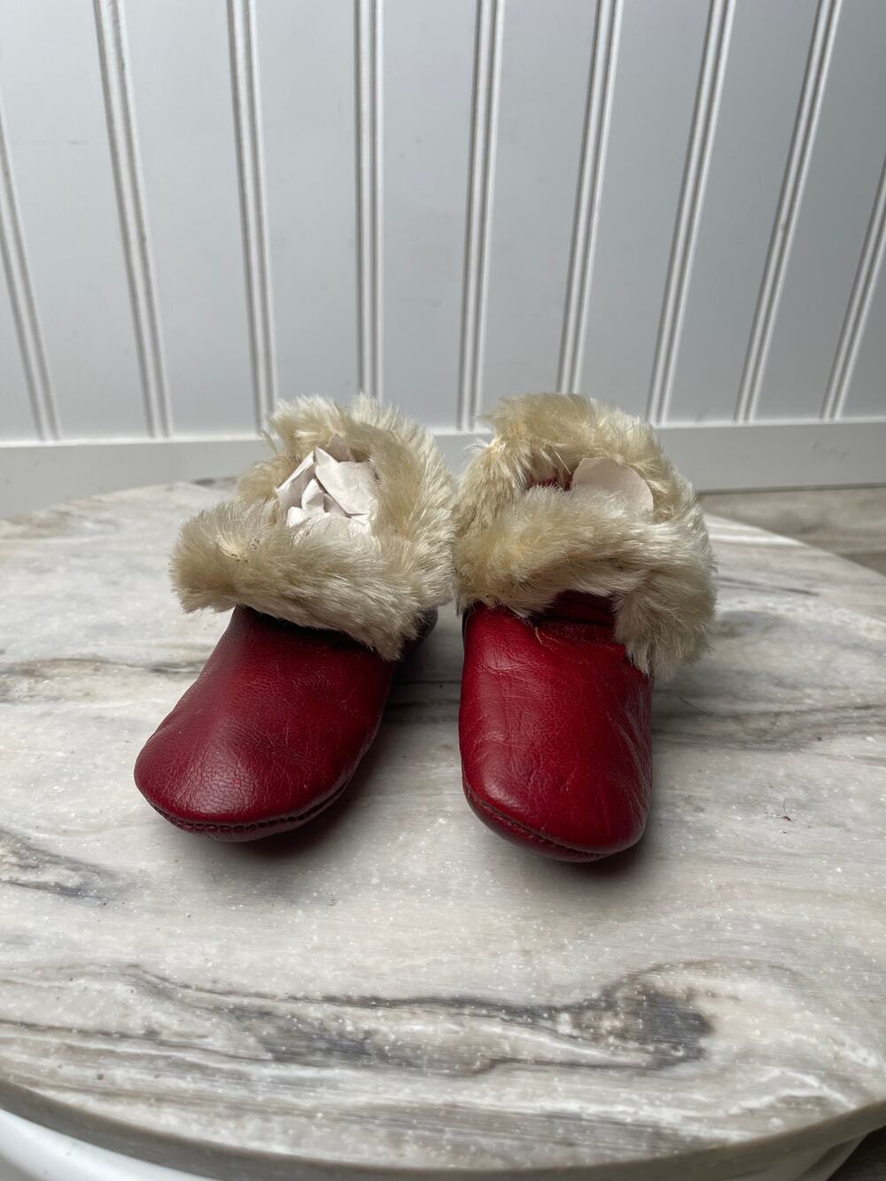 Booties Baby Red Leather Plush Fur Trim Santa Christmas Crib Shoes 50-60s VTG